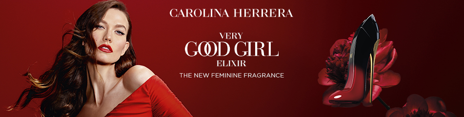 Werbung für das Parfüm 'Very Good Girl Elixir' von Carolina Herrera. Eine Frau mit roten Lippen und einem roten Kleid posiert vor einem roten Hintergrund, daneben steht ein schwarzer High-Heel-Flakon mit roten Akzenten.