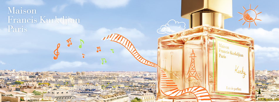 Werbung für Maison Francis Kurkdjian Parfum 'Kurky'. Eine große Parfümflasche vor der Skyline von Paris, verziert mit verspielten, gezeichneten Elementen wie Musiknoten, einer Treppe, dem Eiffelturm und einer Sonne.
